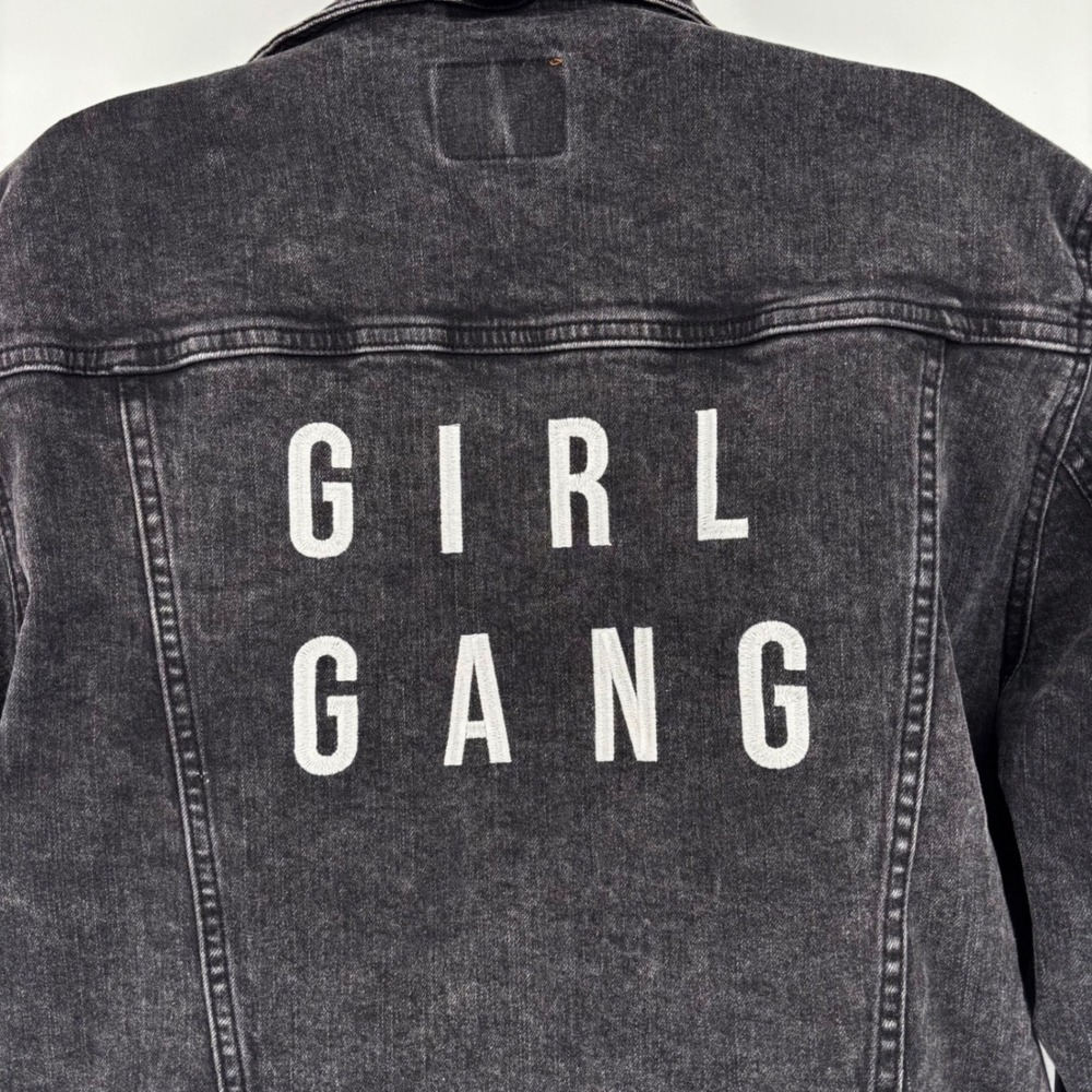 Girl Gang Embroidered Jean Jacket Faded Black Womens Sz L